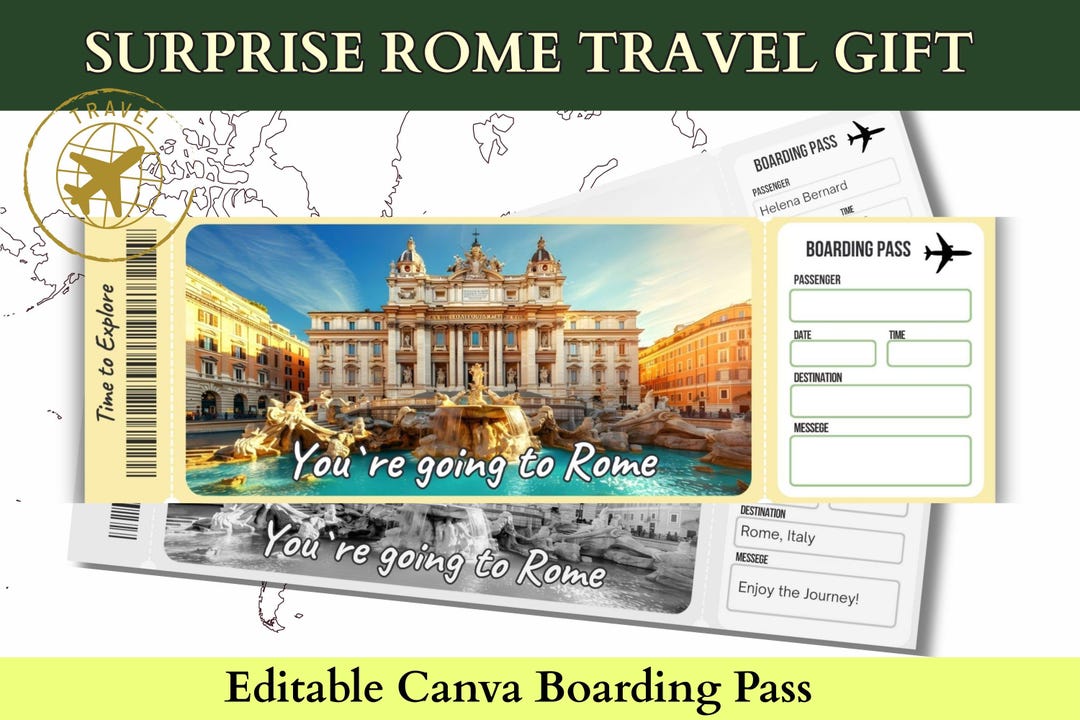 Rome Boarding Pass Template | Italy Surprise Travel Gift Editable ...