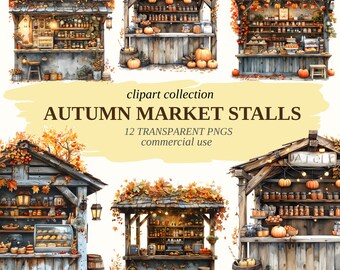 Autumn Market Stalls Clipart: Fall Harvest PNG Images (Digital Download)