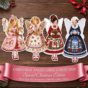Pode incluir: Quatro figuras de anjos ilustradas com asas, cada uma com um vestido natalino distinto. O texto diz CHRISTMAS ANGEL GIRLS COLLECTION Special Christmas Edition More than 30 Characters 300 DPI 3600 x 3600 px em uma faixa rosa.