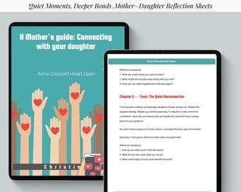 Könnte beinhalten: Zwei digitale Tablets zeigen Inhalte zu Mutter-Tochter-Beziehungen. Eines zeigt ein türkisfarbenes Cover mit dem Titel "A Mother's guide: Connecting with your daughter". Das andere zeigt Text über Vertrauen und Reflexionsfragen.