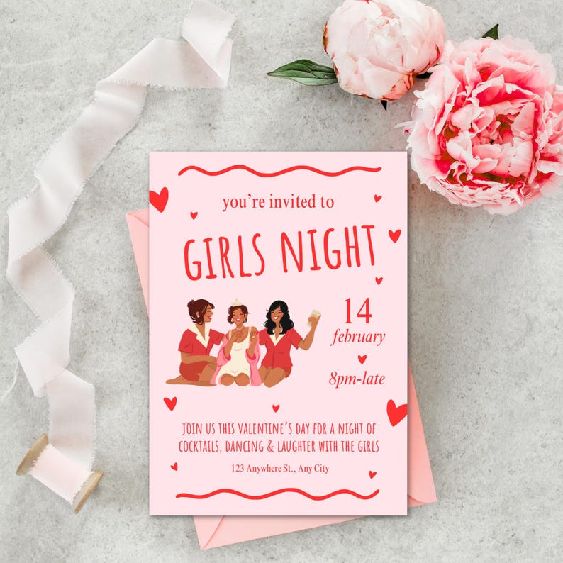 Girls Night Invitation Canva Template – Valentine’s Day Party - Etsy