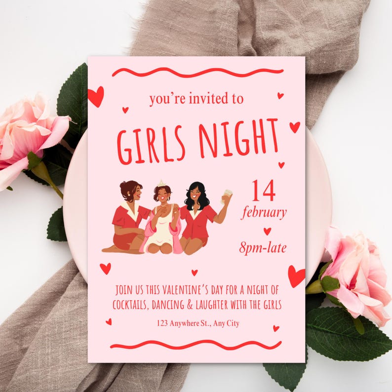 Girls Night Invitation Canva Template – Valentine’s Day Party - Etsy