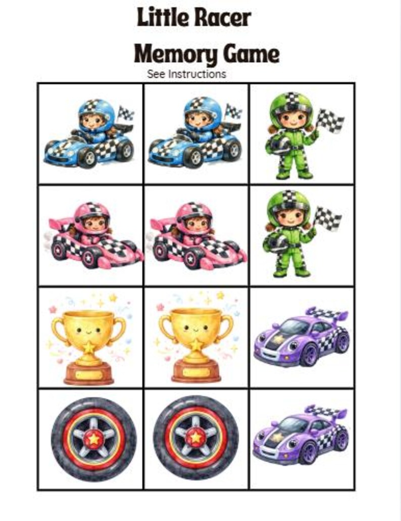 In Memory Racer Little Racer Kids Activity Memory Game (digital Download) - Etsy