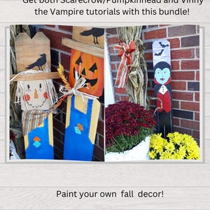 May include: Wooden fall decor bundle featuring a scarecrow, pumpkin, and vampire designs. The scarecrow has a straw hat and overalls. The pumpkin has a jack-o'-lantern face. The vampire has a red and black outfit. The image includes text that says "Bundle & SAVE".