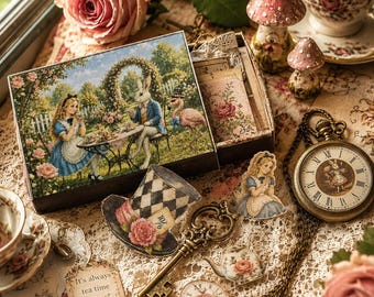 May include: A decorative box featuring an Alice in Wonderland garden scene, a top hat cutout with a 10/6 tag, a gold-tone pocket watch with a rabbit illustration, a vintage-style key, a teapot cutout, and a tag with the text It's always tea time.