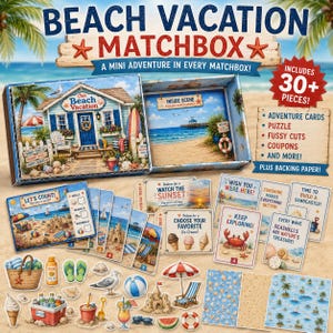 May include: A Beach Vacation Matchbox set featuring a box with a beach house illustration, containing over 30 pieces including adventure cards, a puzzle, fussy cuts, coupons, and backing paper, with various beach-themed paper cutouts.