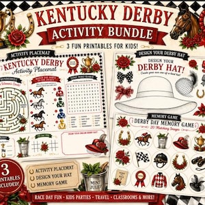 Peut inclure: Un ensemble d'activités Kentucky Derby avec trois imprimables amusants pour enfants. Comprend un set de table d'activités, un jeu de création de chapeaux et un jeu de mémoire. Avec un labyrinthe, une recherche de mots et des illustrations.