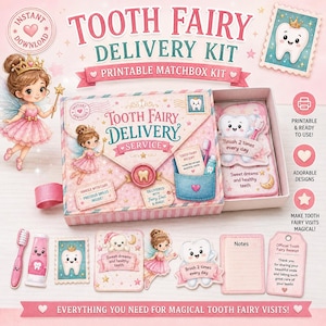 May include: A printable Tooth Fairy delivery matchbox kit featuring a pink box with fairy illustrations, a tooth character, a toothbrush, toothpaste, a receipt, and note cards. The text includes Tooth Fairy Delivery Service and related phrases.