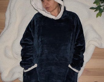 Felpa con cappuccio soffice e morbida, coperta gigante indossabile, felpa con cappuccio oversize in pile, regalo di Natale lungo blu navy