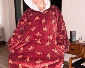 Fluffy Pizza Hoodie Giant Wearable Blanket Oversized Fleece Hoodie Long Fun Print Snuggle Hoodie Christmas Gift