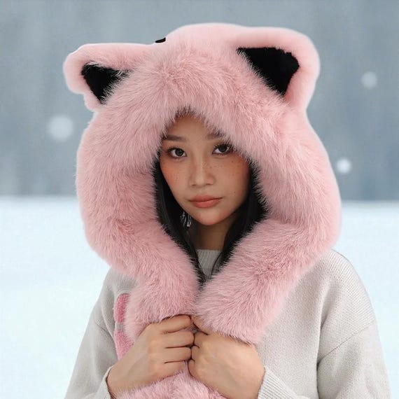 Fluffy Fur Hat Pink Mittens Faux Fur Spirit Hood Soft Warm  display picture 2