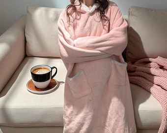 Fluffy Pink Snuggle Hoodie Giant Wearable Blanket Oversized Fleece Hoodie Long Hooded Sherpa Christmas Gift