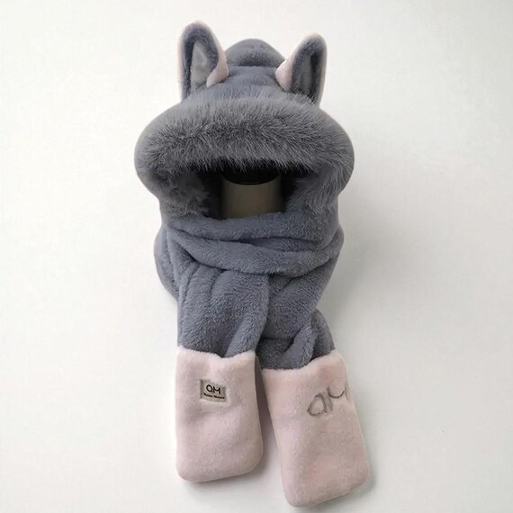 Cozy Gray Faux Fur Hooded Scarf with Ears Winter Animal Hat Faux Fur Hooded Scarf Cute Furry Ears Paw  main image 3