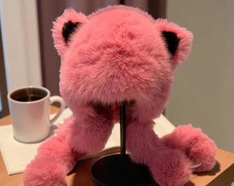 Cute Fluffy Fur Hat Pink Mittens Faux Fur  Hood Soft Warm Christmas Gift