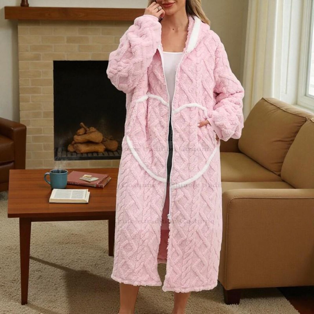 Pink Fleece Zip up Robe Plush Womens Robe Long Fleece Cozy Robe Plush ...