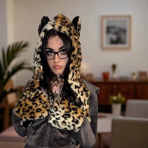 Fluffig pälsmössa Djurmönstrade vantar Fuskpäls Spirit Hood Mjuk varm mössa Snood Mjuk Scoody Julklapp
