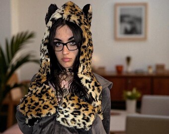 Fluffy Fur Hat Animal Print Mittens Faux Fur Spirit Hood Soft Warm Hat Snood Soft Scoody Christmas Gift