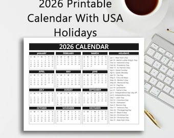 Calendario imprimible 2026, festivos de EE. UU., negro y oro rosa (descarga en PDF tamaño carta)