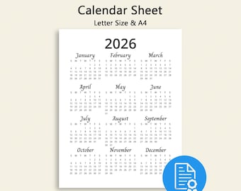 Calendario imprimible minimalista para el año 2026, tamaño carta A4, domingo, lunes, inicio, descarga PDF