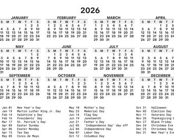 Calendario combinado 2026 y 2027 (incluye 2026 y 2027) - Tamaño carta (EE. UU.) - Versiones con inicio de semana en domingo y lunes incluidas