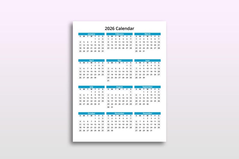 Clean Minimal Printable Yearly Calendar 2026 US Letter Size - Etsy