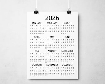 Calendario anual imprimible minimalista y limpio Super Pack 2025-2028 (incluye 2025, 2026, 2027 y 2028) tamaño carta (EE. UU.) con inicio en domingo (PDF)