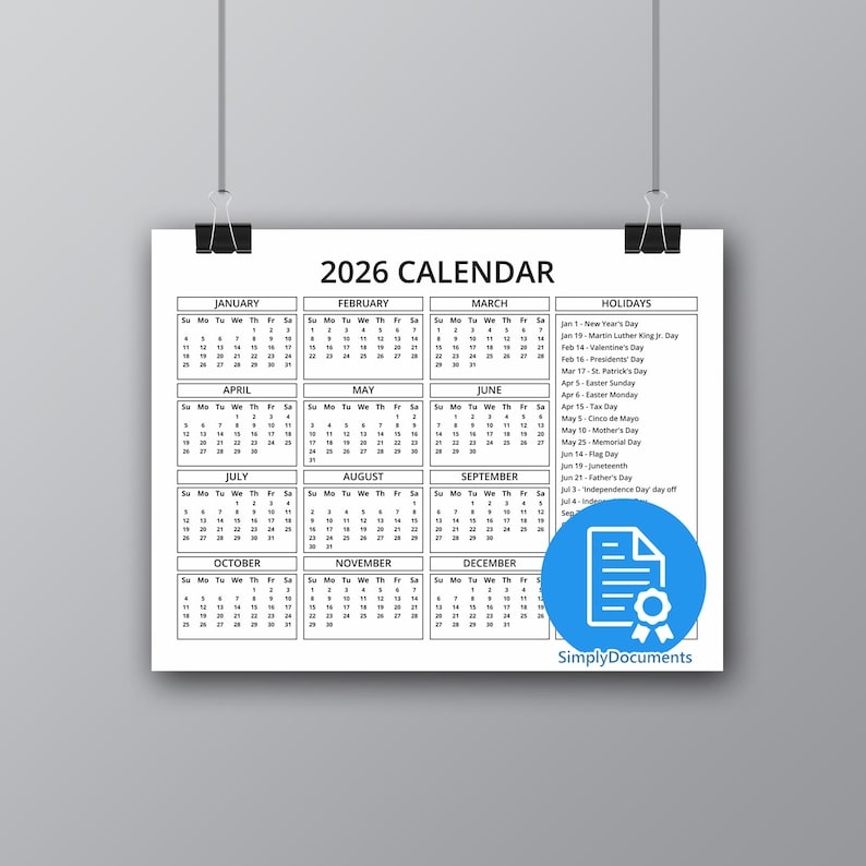 2026 Year One Page Calendar With USA Holidays - Sunday and Monday Start ...