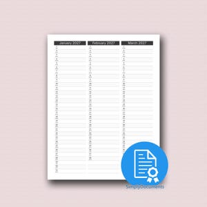 May include: A vertical calendar page for the first quarter of 2027, featuring three columns for January, February, and March. Each month lists dates and days of the week with horizontal lines for notes. A blue circular logo with a document icon is present.