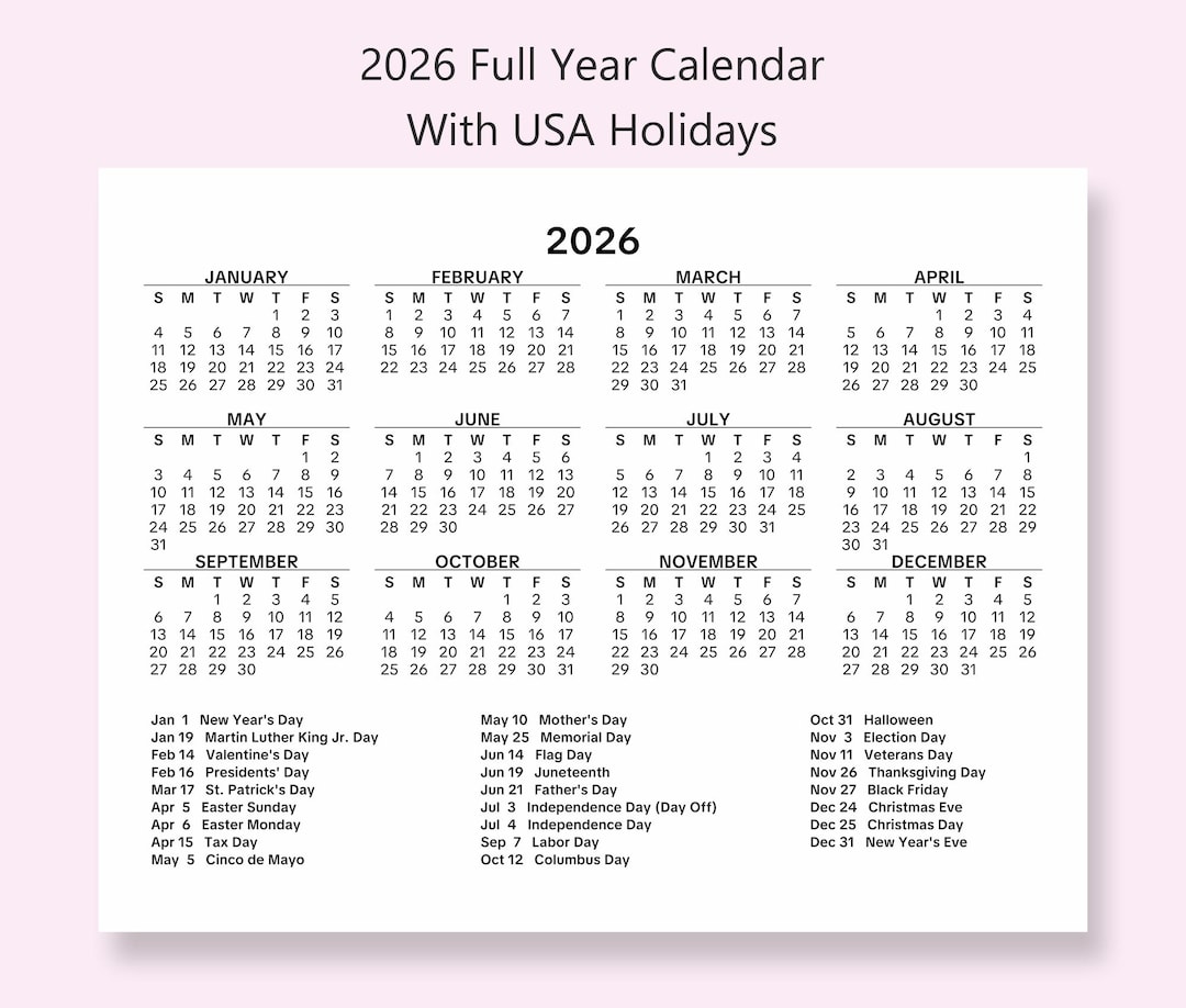 2026 Year One Page Calendar With USA Holidays - Sunday and Monday Start ...