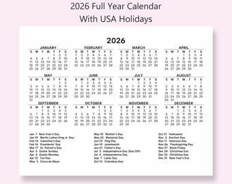 Calendario de una página del año 2026 con días festivos en EE. UU. (inicio en domingo y lunes)