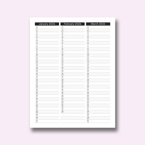 Clean Minimalist Simple 2026 Year Three-Month Calendar (Full 2026 Jan - Dec) Letter Size - Great For Habits/Tasks