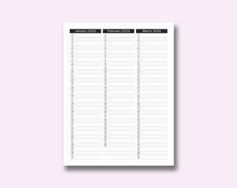 Calendario minimalista, sencillo y de tres meses para el año 2026 (enero-diciembre 2026), tamaño carta, ideal para hábitos y tareas.