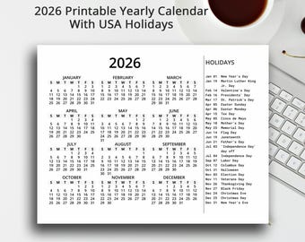 Calendario anual 2026 imprimible, incluye días festivos en EE. UU., papel tamaño carta, inicio de semana en domingo y lunes.
