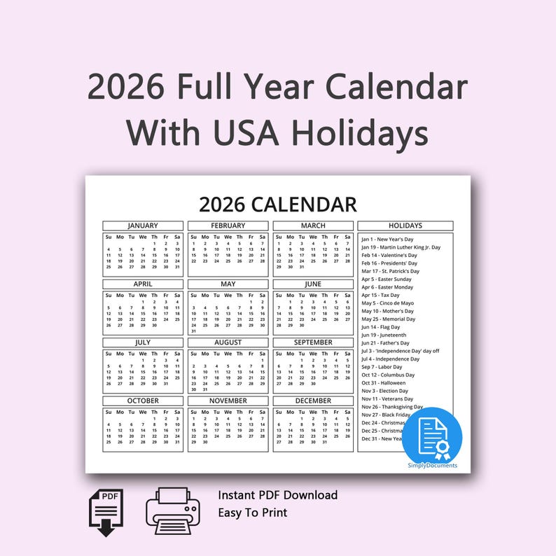 2026 Year One Page Calendar With USA Holidays - Sunday and Monday Start ...