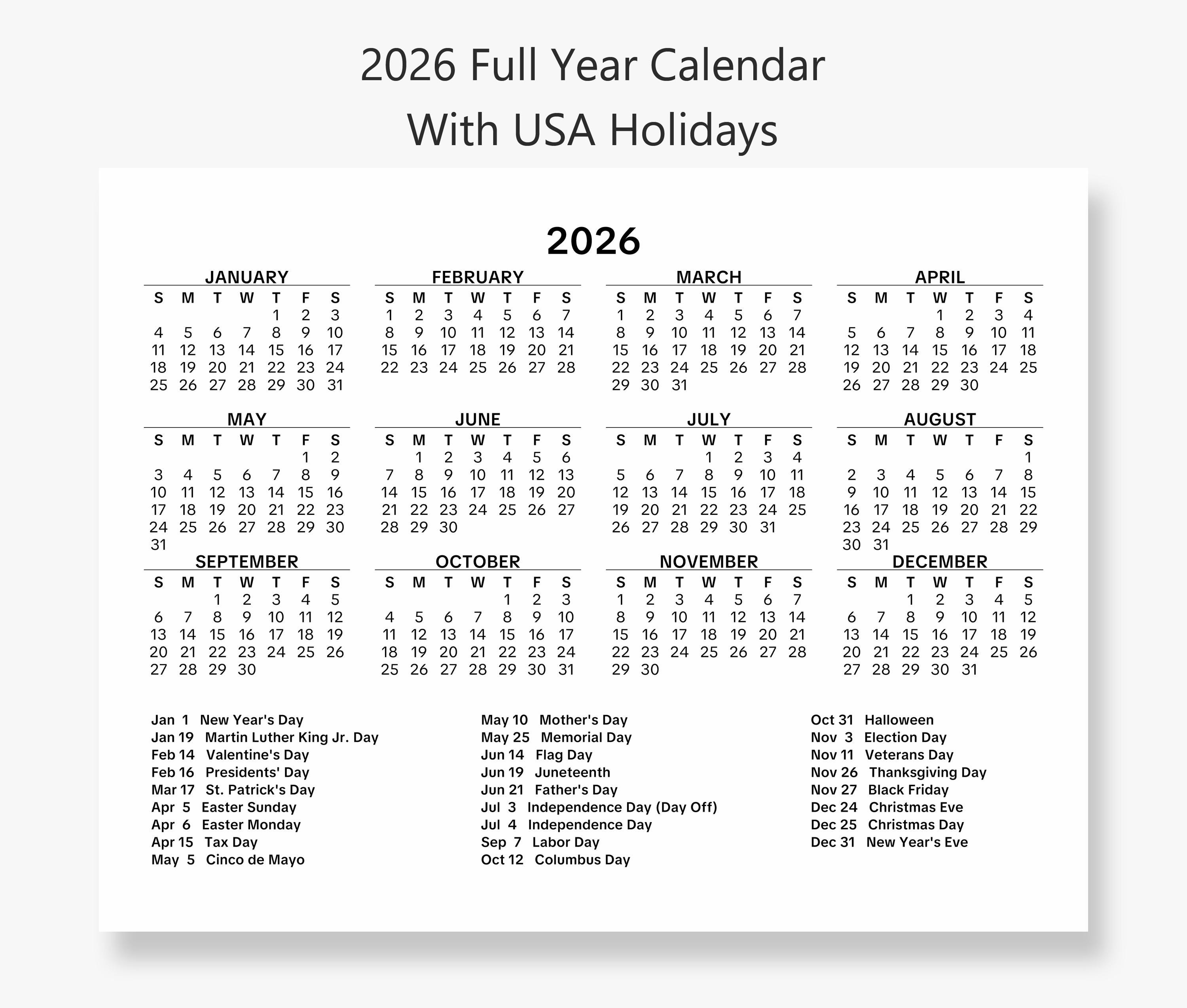 2026年 1ページカレンダー（アメリカの祝日付き） - 日曜日と月曜日
