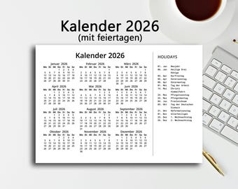 Kalender 2026 mit feiertagen (Jahreskalender / Kalender für 2026) PDF A4 - Calendario Alemán 2026 con Días Festivos, PDF imprimible, A4 (Digital)