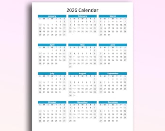 Calendario anual minimalista imprimible 2026 tamaño carta (EE. UU.)