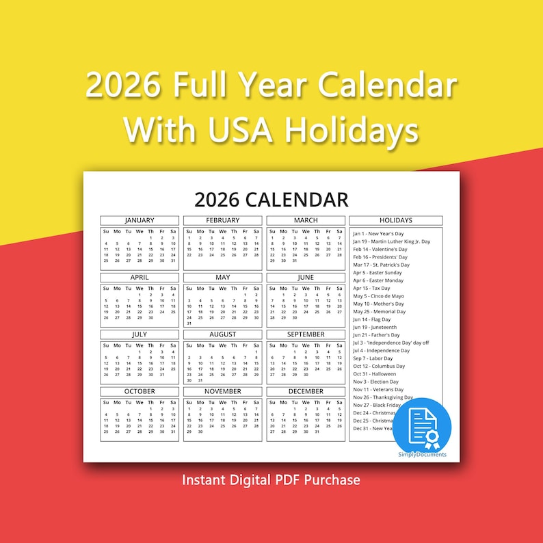 2026 Year One Page Calendar With USA Holidays - Sunday and Monday Start ...