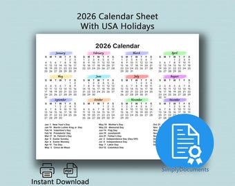 Calendario minimalista y colorido 2026 con días festivos de EE. UU., tamaño carta, descarga instantánea en PDF, calendario anual.