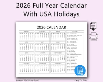 Calendario de una página para el año 2026 con festivos en EE. UU. (inicio en domingo y lunes) - Documento imprimible minimalista y limpio
