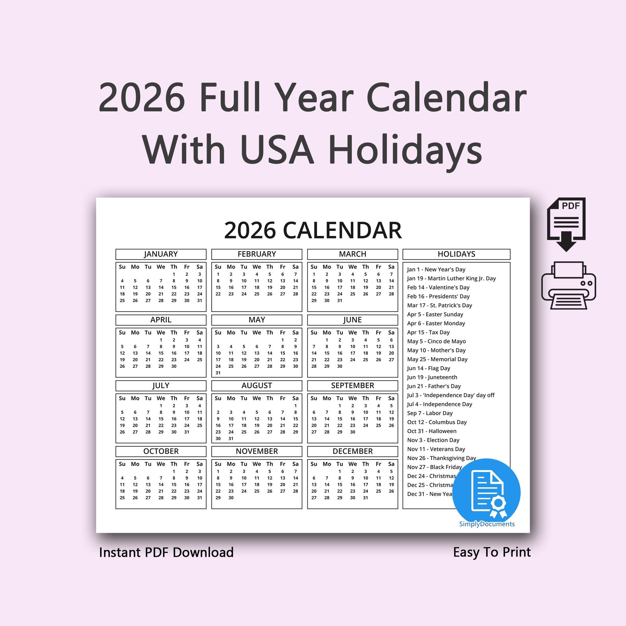 2026 Year One Page Calendar With USA Holidays - Sunday and Monday Start ...