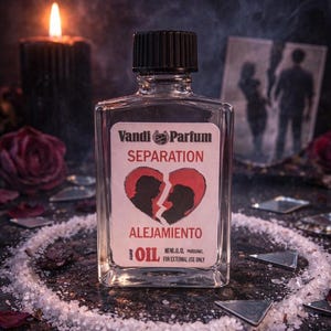May include: A clear glass bottle with a black cap, labeled "Vandi Parfum Separation Oil." The label features a broken heart design with two silhouettes. A lit black candle and rose petals surround the bottle. The text "ALEJAMIENTO" is also on the label.
