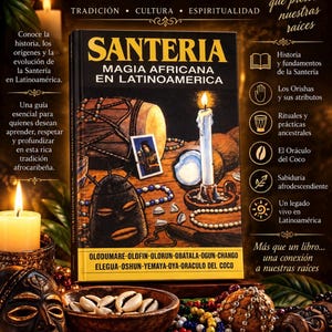 May include: A book titled SANTERIA MAGIA AFRICANA EN LATINOAMERICA featuring an illustration of a drum, a candle, a mask, and beads. The cover includes text listing deities like OLODUMARE, OBATALA, and CHANGO, surrounded by ritualistic imagery.