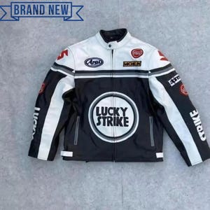 Unisex Lucky Strike Leather Biker Jacket: Black & White Cowhide, CE Approved
