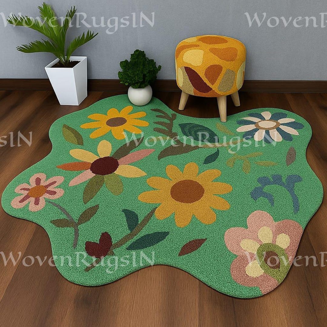 Pattern Floral Whimsical Rug Green Floral Rug: Whimsical Bloom Shaped Carpet, Retro Decor - Etsy