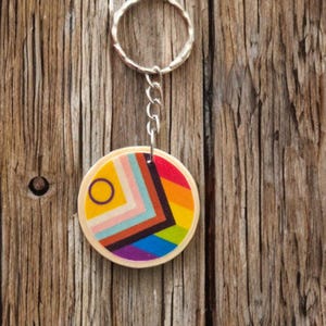 May include: A circular wooden keyring with a vibrant geometric pattern. The design incorporates a spectrum of colours, including yellow, pink, blue, and green, arranged in a geometric design. The keyring has a silver metal ring and chain.