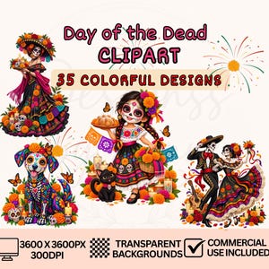 35 Day of the Dead Clipart Bundle, Día de los Muertos PNG, Sugar Skull Clipart, Catrina, Skeletons, Marigolds, 300 DPI Transparent PNG