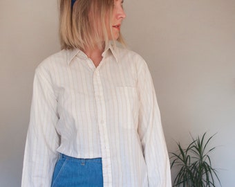 Vintage Clothing, Asymmetrical Shirt, Oxford Shirt, Vintage 1980s Women's Reworked Upcycled Arrow Brigade Striped Asymmetrical Shirt Sz Med