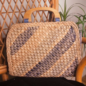 Vintage Clothing, 80s Woven Straw Clutch, Wooden-Handle Clutch, Striped Straw Handbag, Vintage 1980s Woven Blue and Brown Striped Clutch image 1