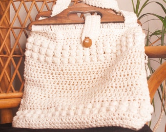 Vintage Clothing, 70s White Macrame Purse, Women's White Macrame Purse, Handmade Vintage Purse, Vintage 1970s White handmade Macrame Purse